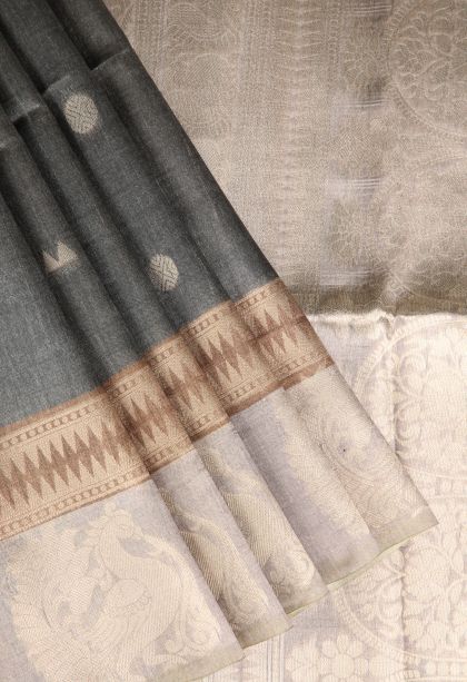 Gray Black Tussar Saree with Antic Zari Jamandery Pattern