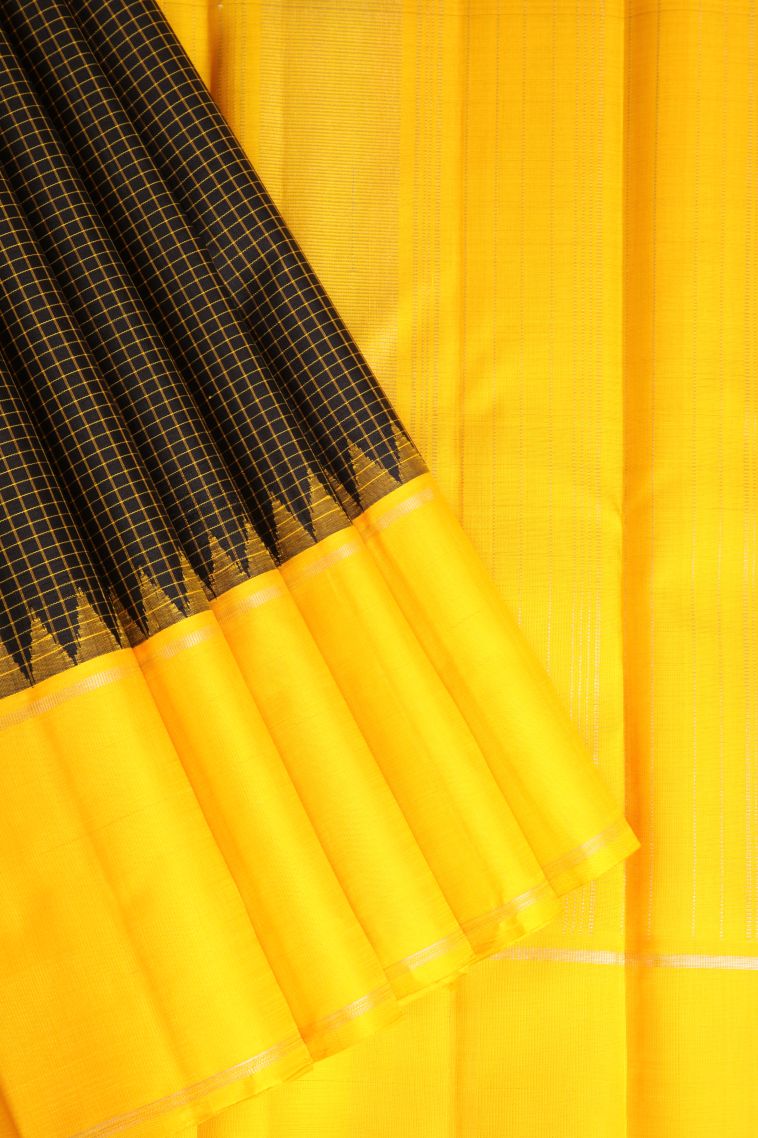Onyx Black Kanchipuram Silk Sarees with Gold Zari Checks view 1