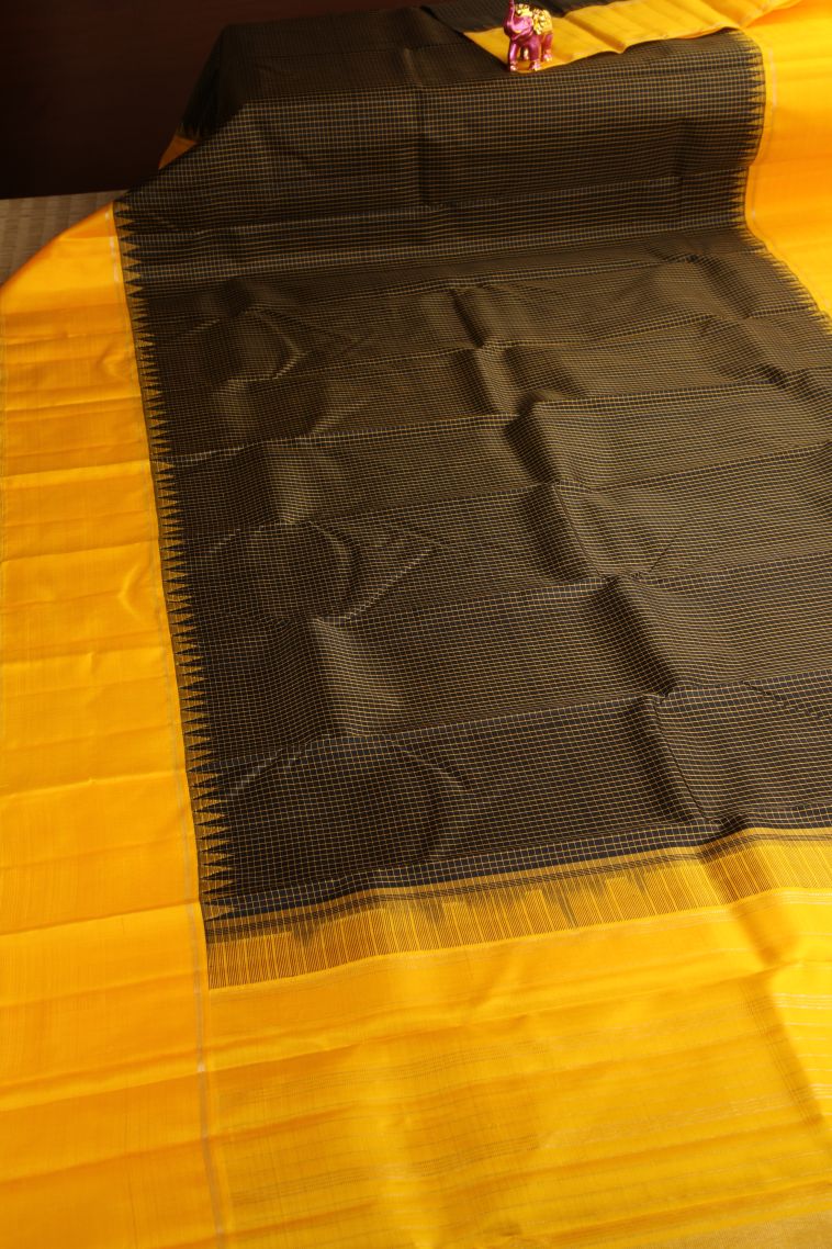 Onyx Black Kanchipuram Silk Sarees with Gold Zari Checks view 2