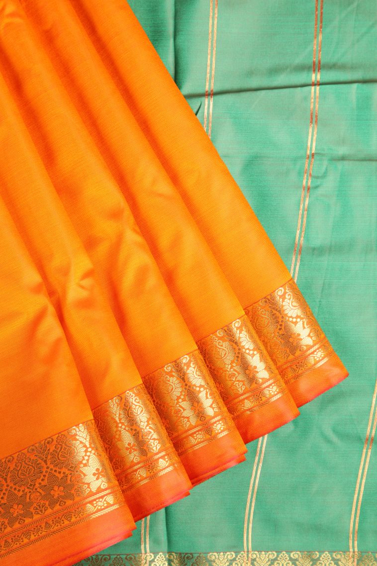 Candy Orange Apoorva Silk Sarees with Gold Zari Plain view 1
