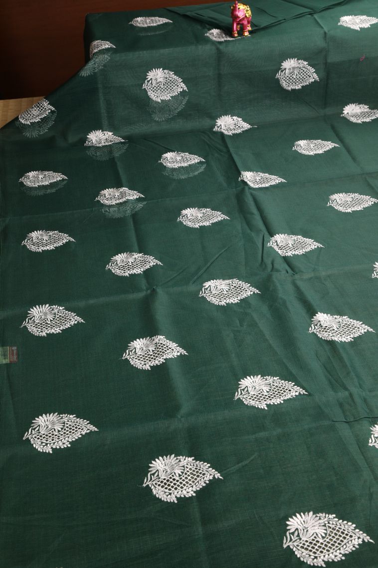 Pine Green Manipuri Cotton Sarees with Without Zari Zari Leaf Embroidery view 2