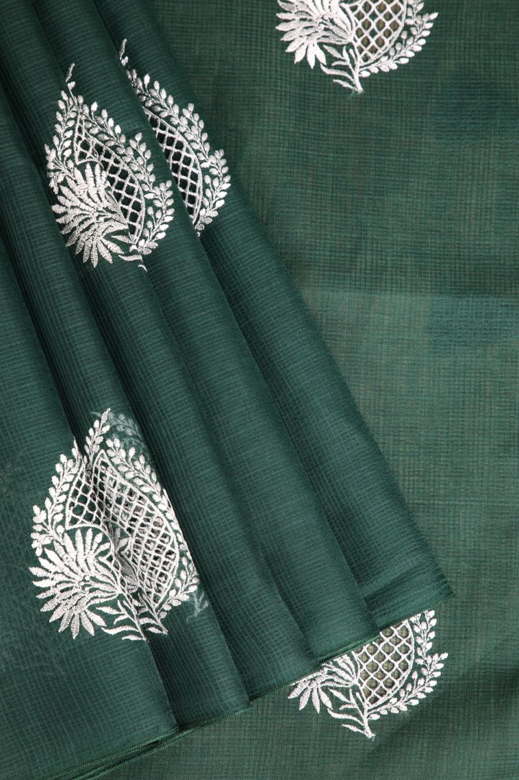 Pine Green Manipuri Cotton Sarees with Without Zari Zari Leaf Embroidery view 1