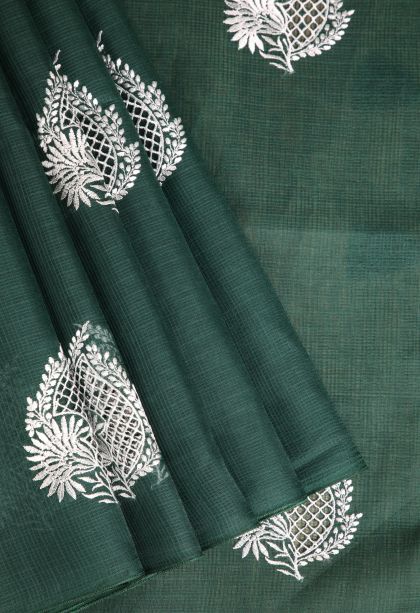 Pine Green Manipuri Cotton Sarees with Without Zari Zari Leaf Embroidery
