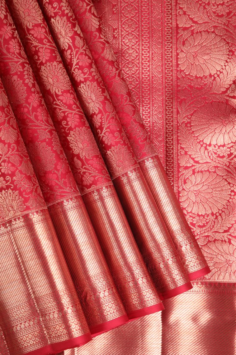 Dawn Red Kanchipuram Silk Sarees with Gold Zari Floral Patterns view 1