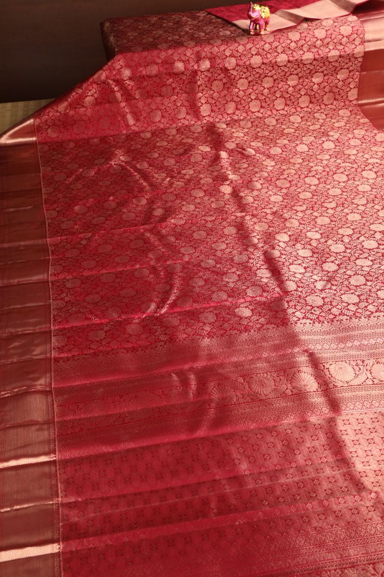 Dawn Red Kanchipuram Silk Sarees with Gold Zari Floral Patterns view 2