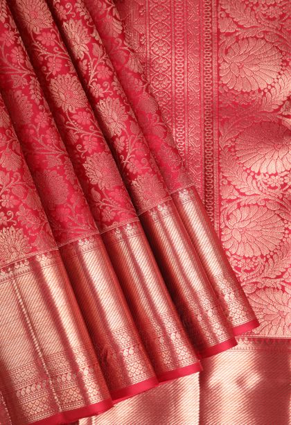 Dawn Red Kanchipuram Silk Sarees with Gold Zari Floral Patterns