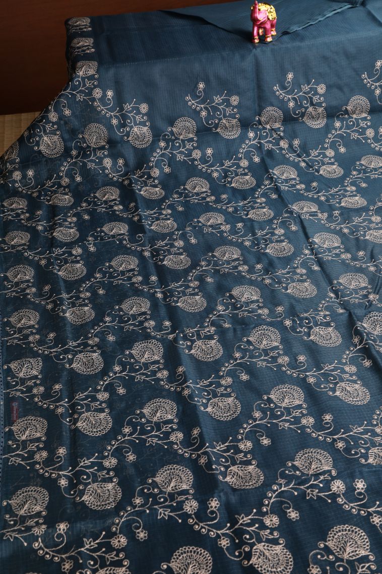 Aegean Blue Manipuri Cotton Sarees with Without Zari Zari Floral Puttas view 2