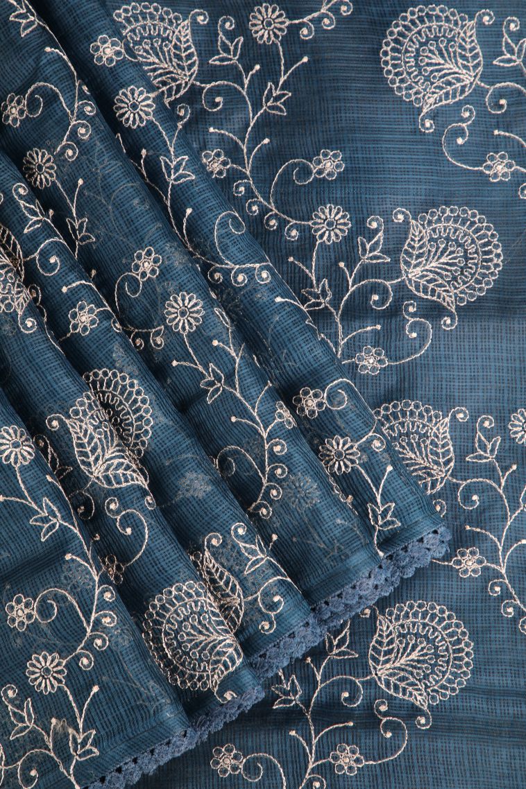 Aegean Blue Manipuri Cotton Sarees with Without Zari Zari Floral Puttas view 1