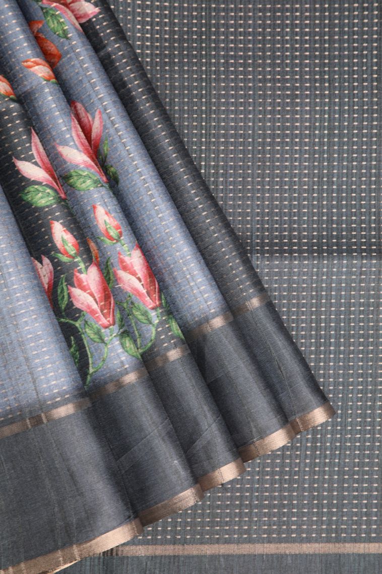 Stone Blue Semi Tussar Silk with Gold Zari Kodi Pattern view 1