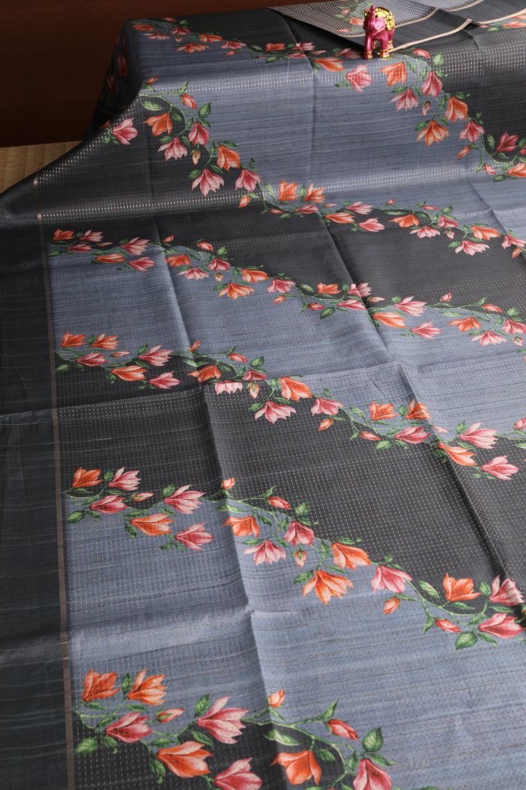 Stone Blue Semi Tussar Silk with Gold Zari Kodi Pattern view 2