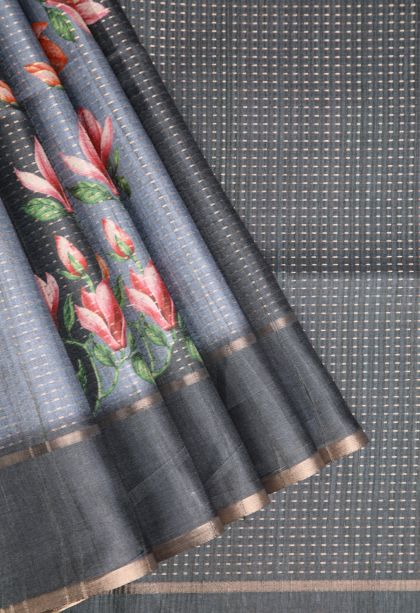 Stone Blue Semi Tussar Silk with Gold Zari Kodi Pattern
