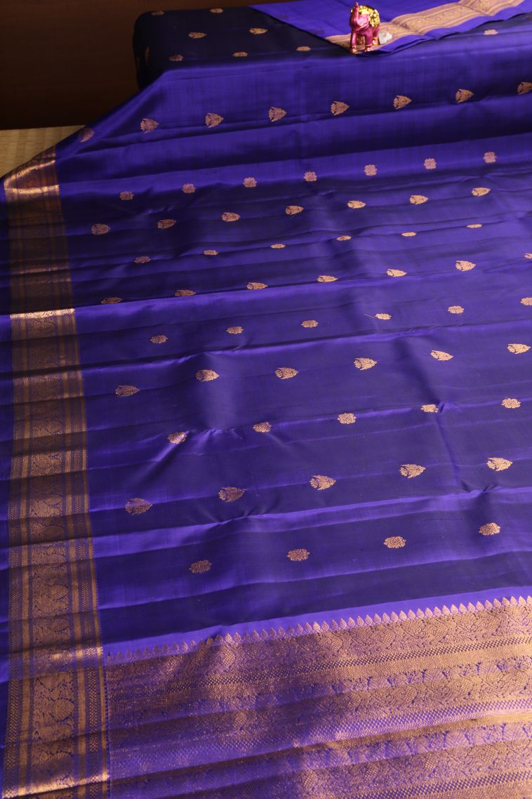 Lapis Blue Kanchipuram Silk Sarees with Gold Zari Birds Mottif view 2