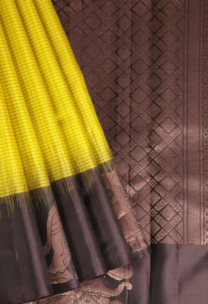 Lemon Yellow Soft Silk Saree with Thread Zari Checked  Threap