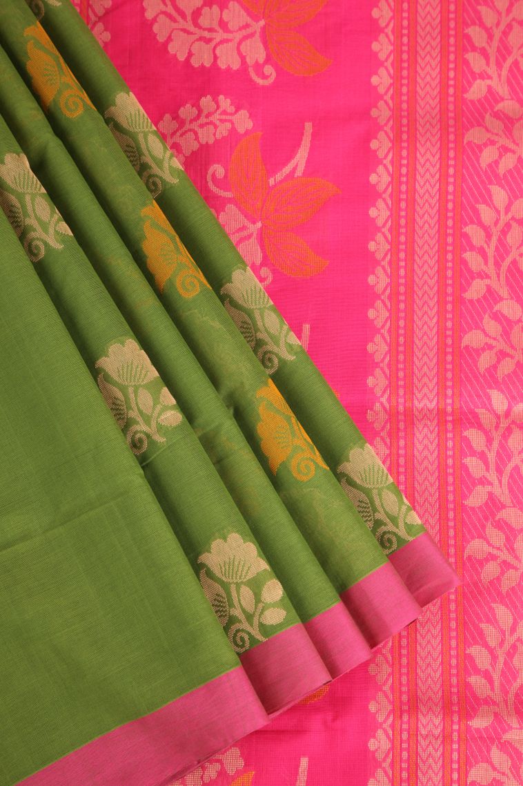 Pear Green Pure Handloom Kovai Cotton with Without Zari Zari Floral Patterns view 1