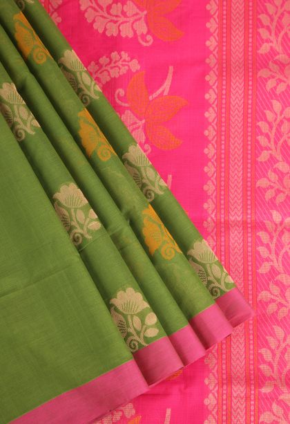 Pear Green Pure Handloom Kovai Cotton with Without Zari Zari Floral Patterns