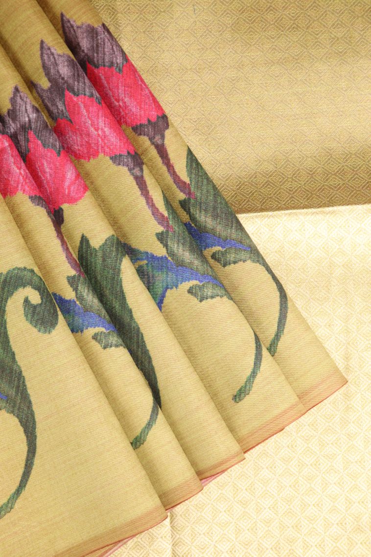 Sand Yellow Tussar Saree with Antic Zari Floral Puttas view 1