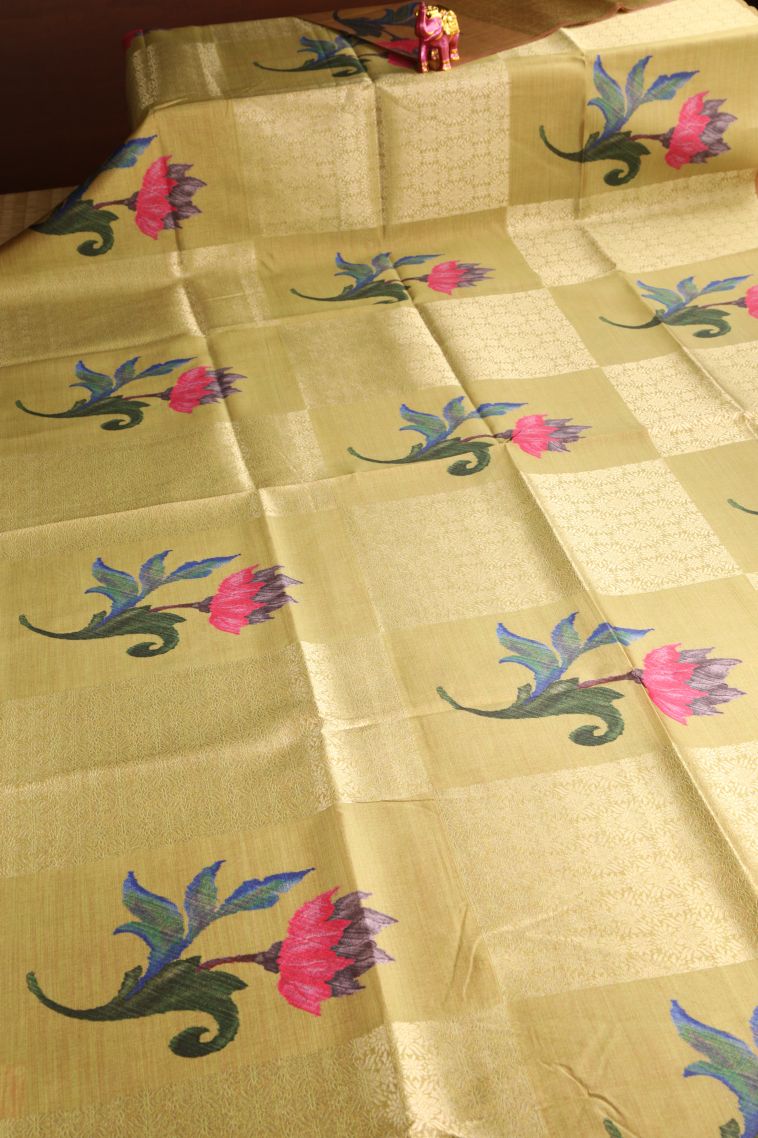 Sand Yellow Tussar Saree with Antic Zari Floral Puttas view 2