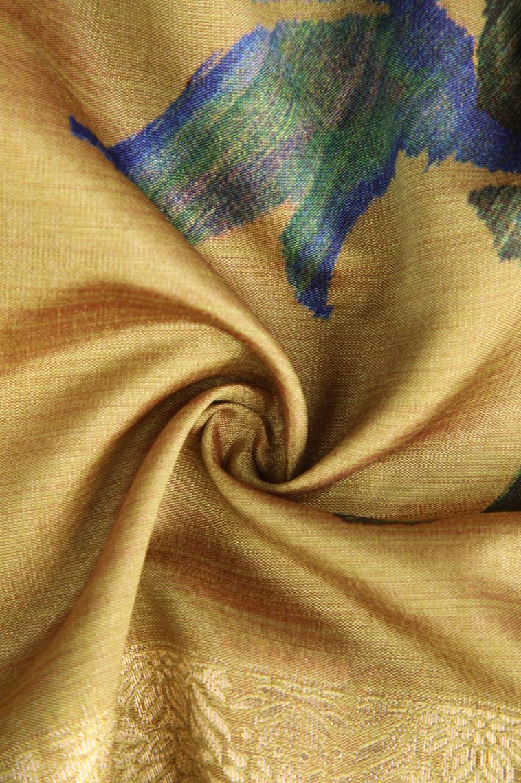 Sand Yellow Tussar Saree with Antic Zari Floral Puttas view 4