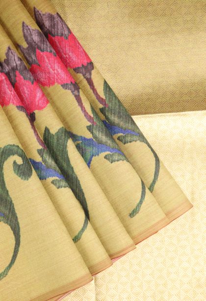 Sand Yellow Tussar Saree with Antic Zari Floral Puttas