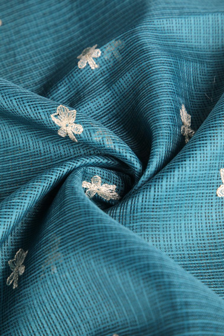 Ocean Blue Manipuri Cotton Sarees with Without Zari Zari Floral Puttas view 4