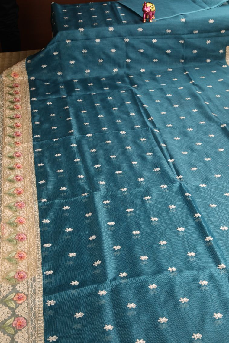 Ocean Blue Manipuri Cotton Sarees with Without Zari Zari Floral Puttas view 2
