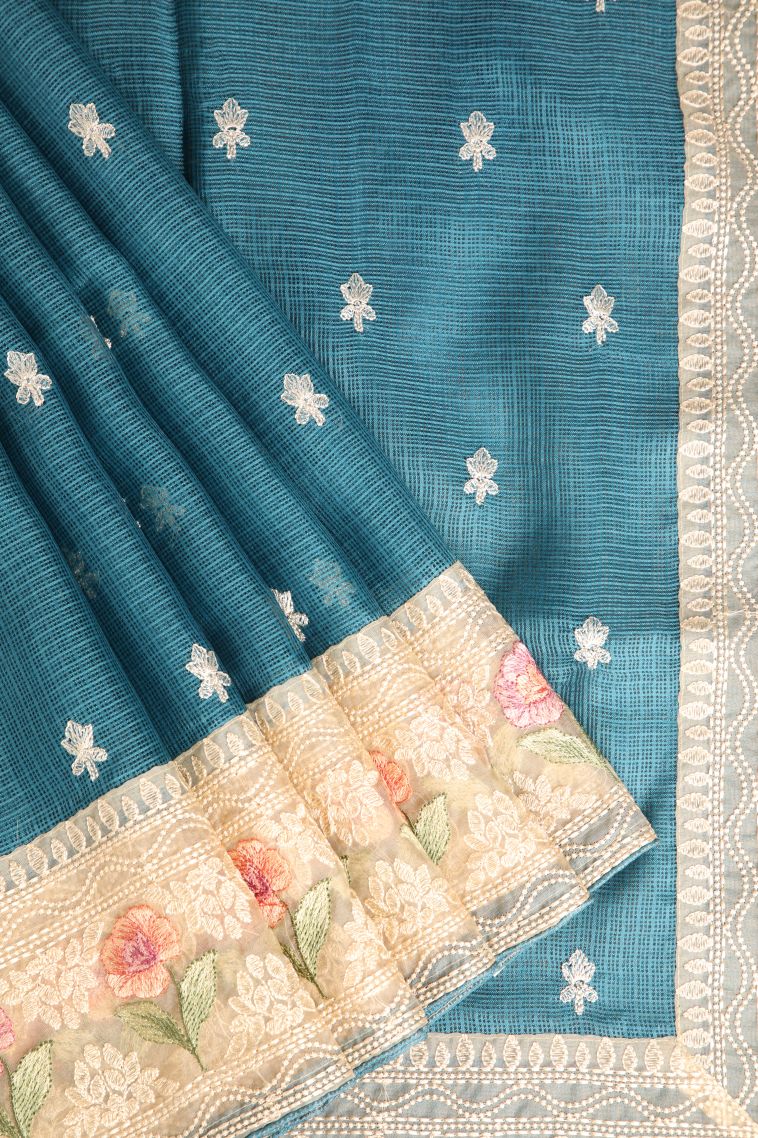 Ocean Blue Manipuri Cotton Sarees with Without Zari Zari Floral Puttas view 1