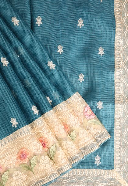 Ocean Blue Manipuri Cotton Sarees with Without Zari Zari Floral Puttas
