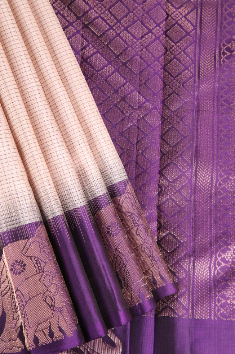Rice White Soft Silk Saree with Thread Zari Checked  Threap view 1