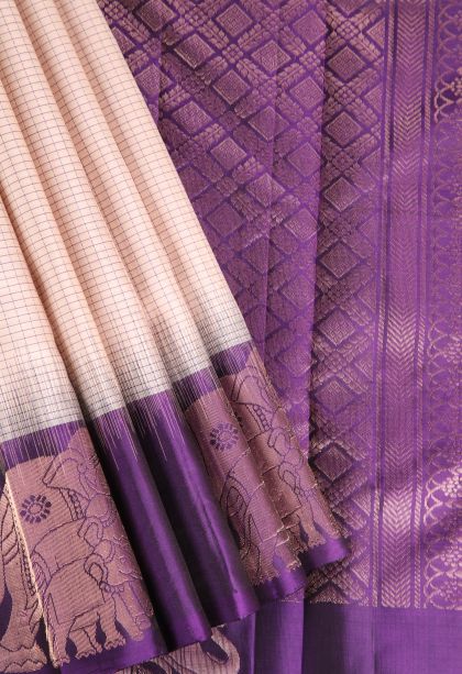 Rice White Soft Silk Saree with Thread Zari Checked  Threap