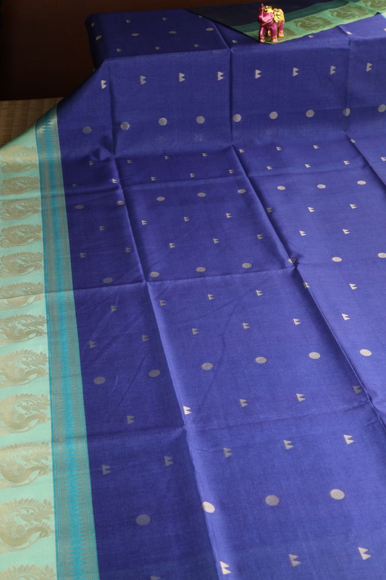 Lapis Blue Tussar Saree with Gold And Silver Zari Geometric Shapes view 2