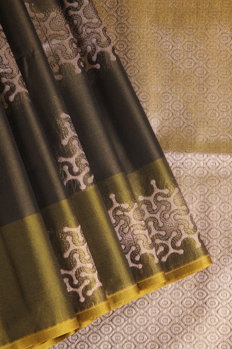 Coffee Brown Silk Cotton Sarees with Silver Zari Geometric Shapes view 1