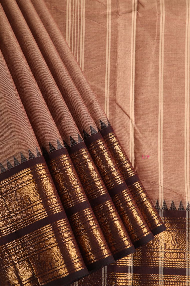 Salmon Pink Chettinad Cotton Sarees with Gold Zari Plain With Border view 1
