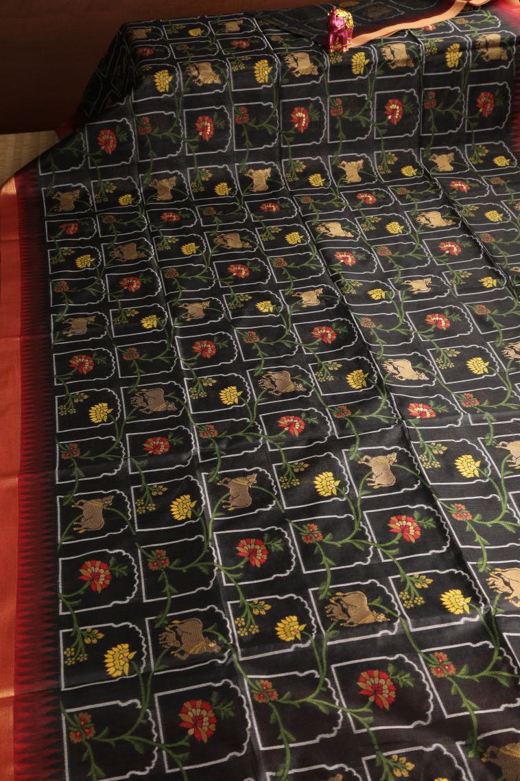 Jungle Black Jute Sarees with Copper Zari Animal  Mottif view 2