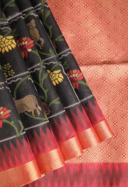 Jungle Black Jute Sarees with Copper Zari Animal  Mottif
