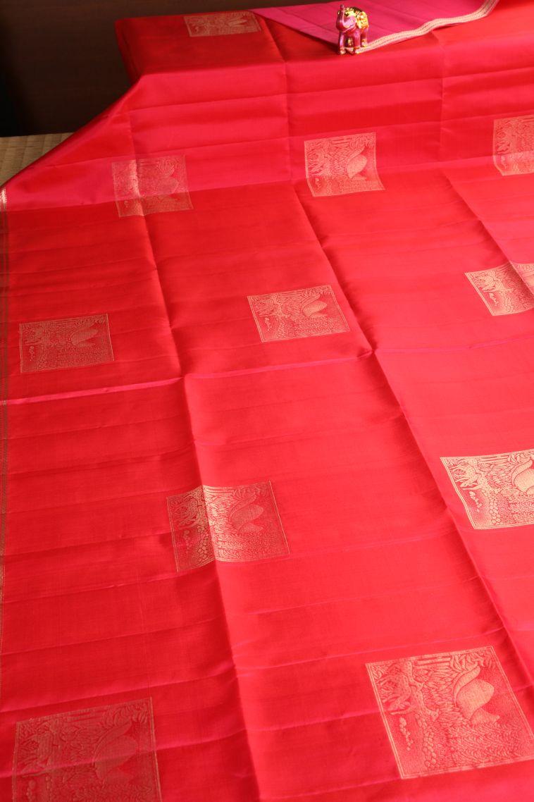 Strawberry Pink Soft Silk Saree with Gold Zari Animal  Mottif view 2