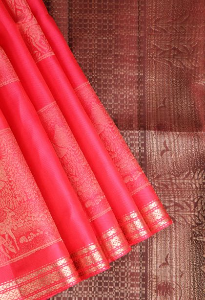 Strawberry Pink Soft Silk Saree with Gold Zari Animal  Mottif