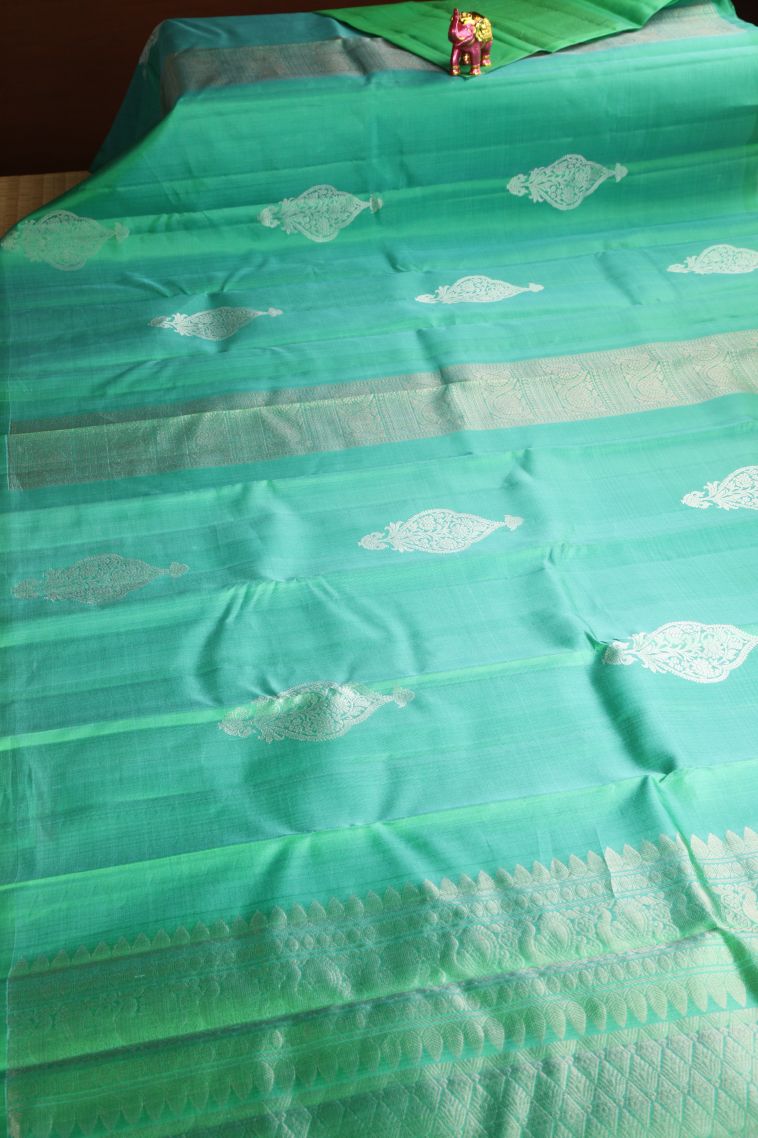 Mint Green Soft Silk Saree with Silver Zari Floral Patterns view 2