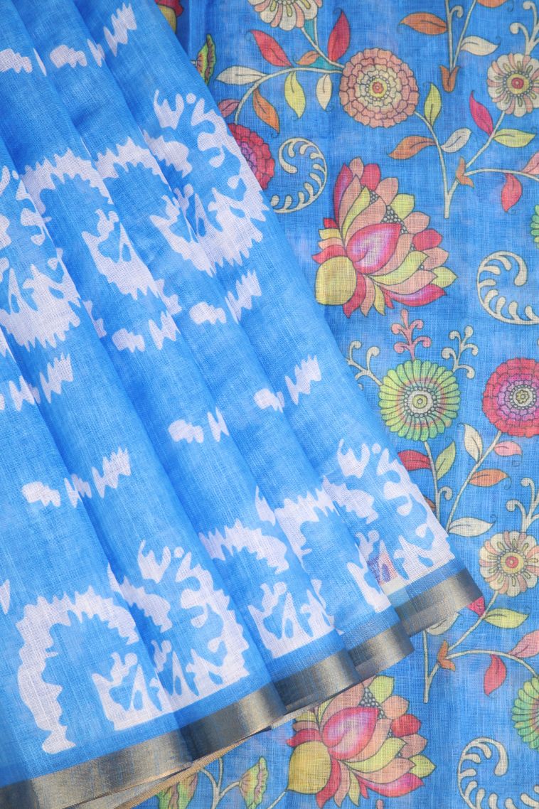 Cerulean Blue Linen Saree with Without Zari Zari Pathik Motifs view 1