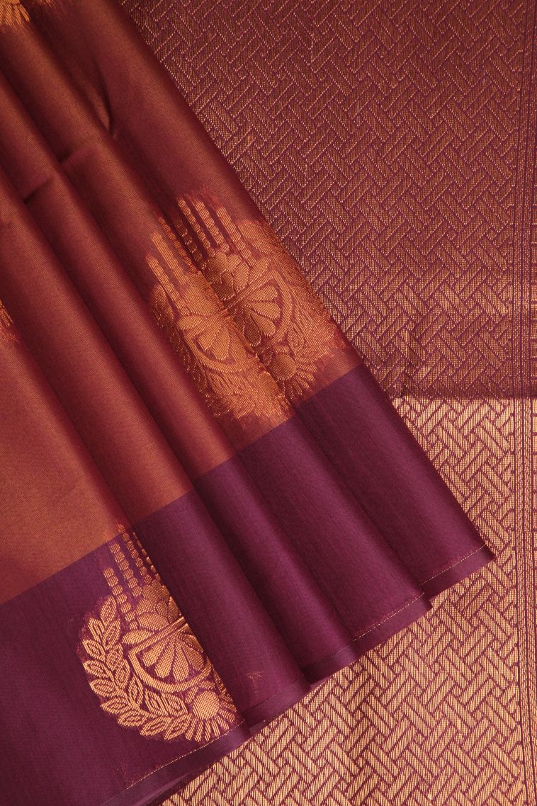 Rust Orange Silk Cotton Sarees with Copper Zari Floral Patterns view 1