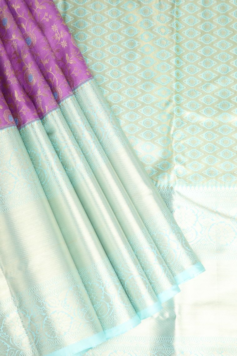 Bubble Purple Apoorva Silk Sarees with Gold And Silver Zari Floral Patterns view 1