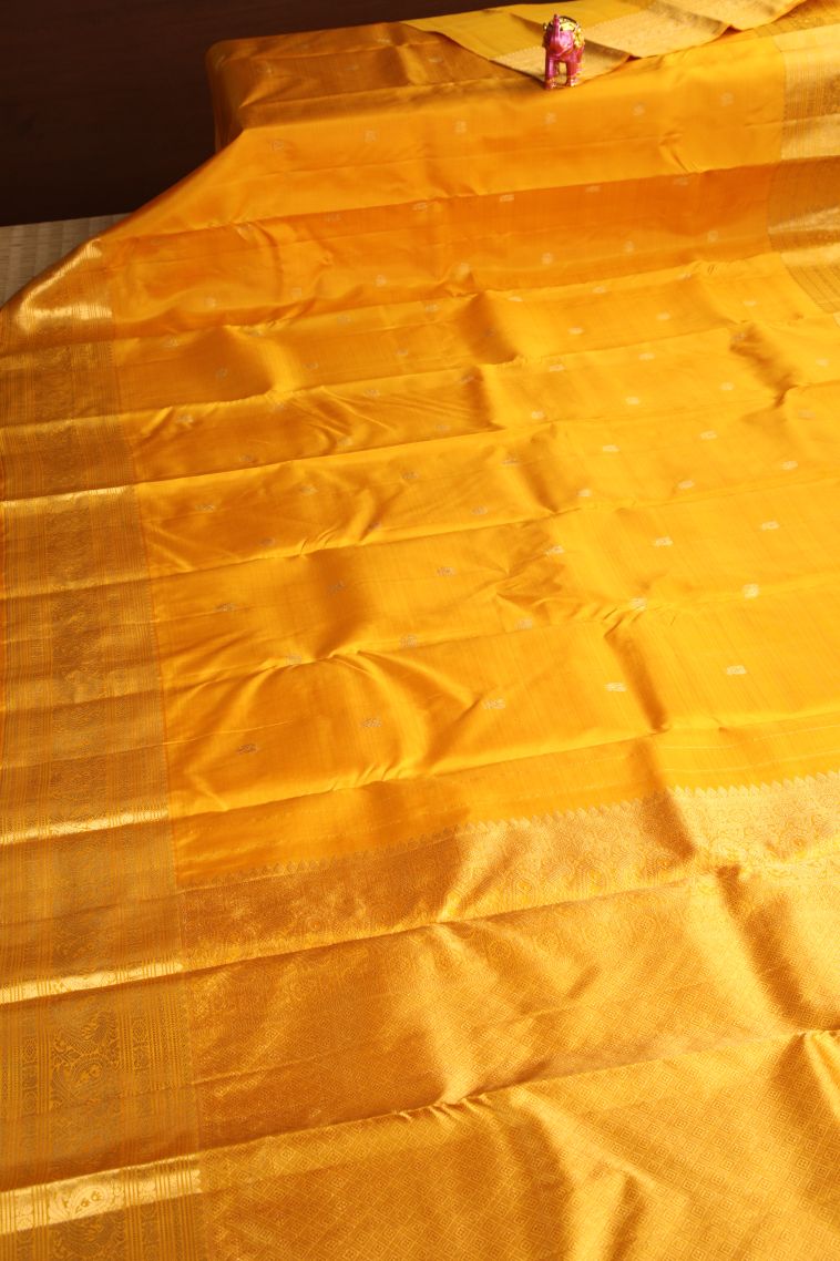 Honey Orange Kanchipuram Silk Sarees with Gold Zari Eliphant Mottif view 2
