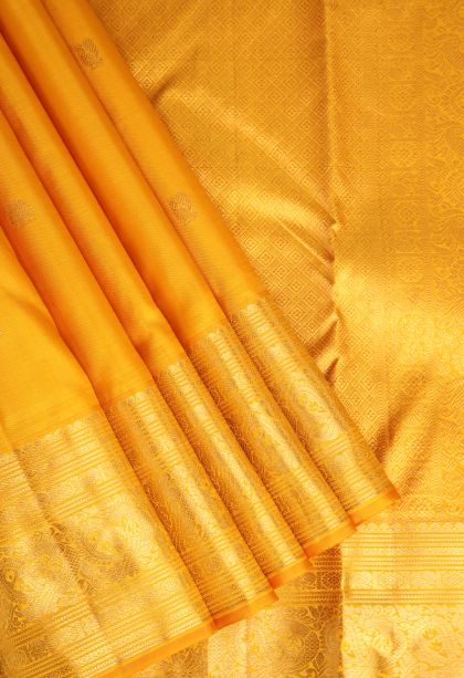 Honey Orange Kanchipuram Silk Sarees with Gold Zari Eliphant Mottif