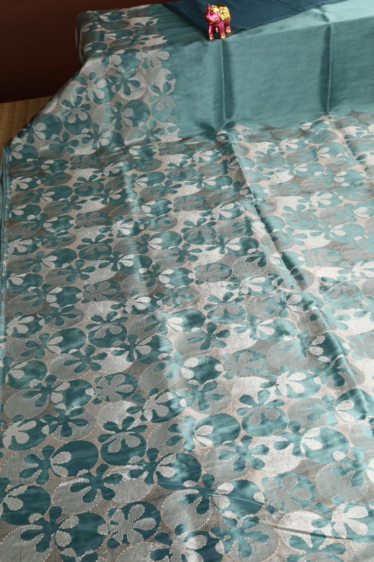 Teal Blue Jute Sarees with Without Zari Zari Floral Patterns view 2