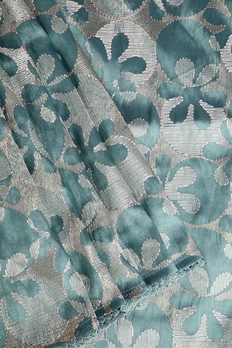 Teal Blue Jute Sarees with Without Zari Zari Floral Patterns view 1