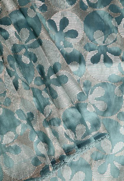 Teal Blue Jute Sarees with Without Zari Zari Floral Patterns
