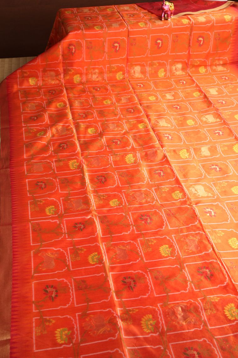 Candy Orange Jute Sarees with Copper Zari Animal  Mottif view 2