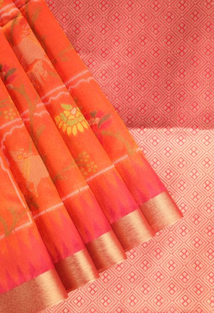Candy Orange Jute Sarees with Copper Zari Animal Mottif