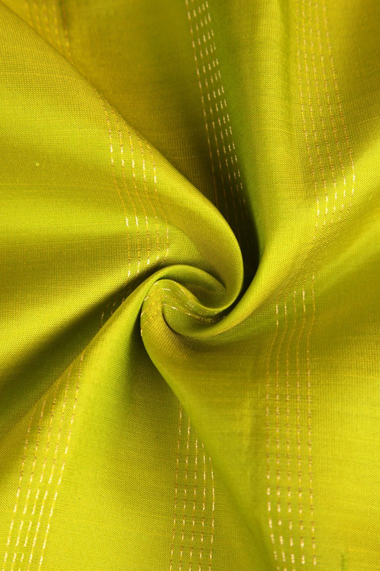 Lime Green Soft Silk Saree with Gold Zari Straipes And Puttas view 4