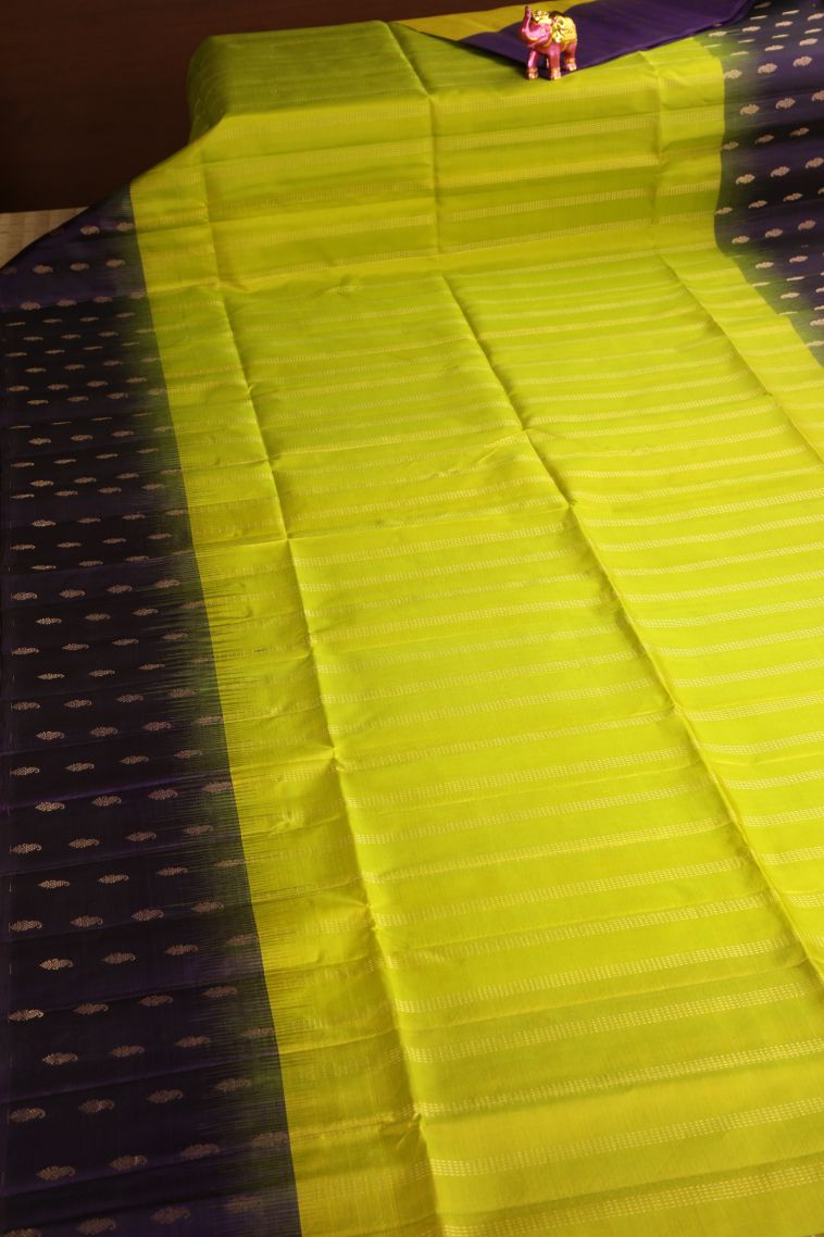 Lime Green Soft Silk Saree with Gold Zari Straipes And Puttas view 2