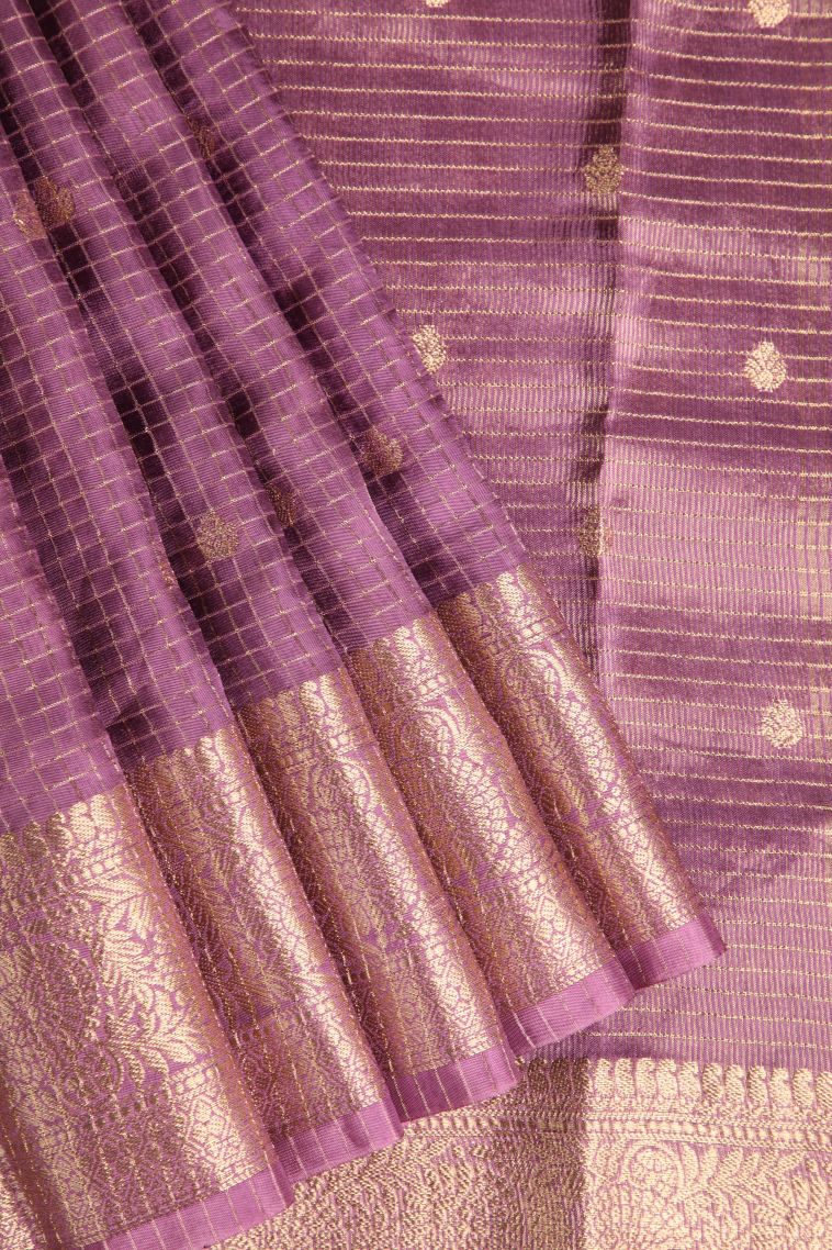 Lean Pink Banaras Sarees with Gold Zari Checks And Puttas view 1